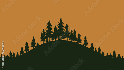 Silhouette of Trees on Hilltop against Orange Sky.