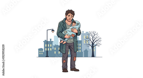 A man in torn clothing stands in front of a city skyline while holding a baby wrapped in a patched blanket on a white background.