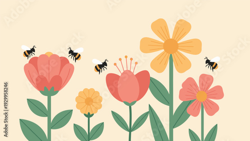 Colorful Flowers with Bees Illustration.