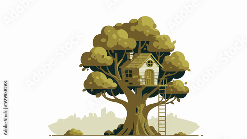 Treehouse with Ladder in Tree Illustration.