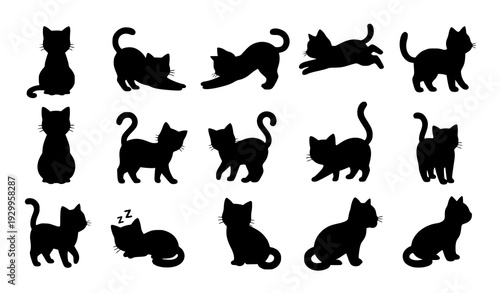 Cute Black Cat Silhouette Vector Set with Kittens in Sitting Jumping and Stretching Poses for Halloween Stickers and T Shirt Design