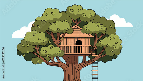 Treehouse with Ladder and Green Leaves.