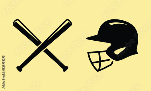 Sporting goods illustration with baseball bats and batting helmet over yellow background minimalist