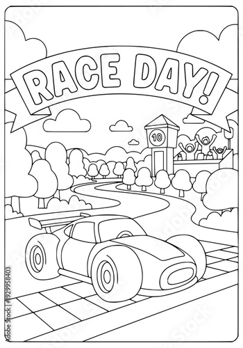 Coloring page featuring a fast car at the finish line for kids and students