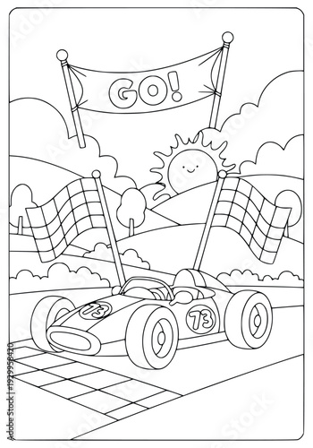 Motorsport coloring page with a racing car at the start line for students