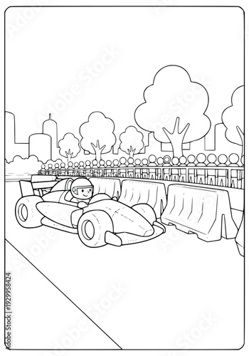 Racecar coloring page showing a formula vehicle on a city track for kids