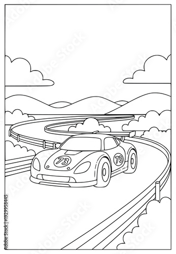 Foto Racecar coloring page with a sports vehicle on a mountain road for kids