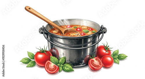 Boiling Tomato Soup in Metal Pot with Fresh Basil and Wooden Spoon – Homemade Cooking Illustration