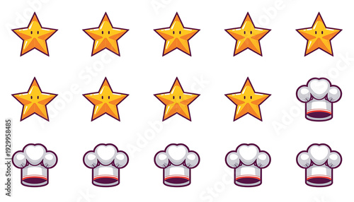 A set of cartoon star and chef hat icons on a white background