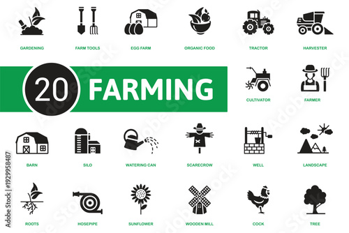 Educational set of 20 labeled solid black farming icons featuring essential agricultural tools, rural structures, and nature elements for organic brand identity.
