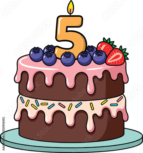 Fifth Birthday Chocolate Cake with Candle Number Five, Strawberry and Blueberry Topping, Cute Cartoon Celebration Dessert Illustration for Kids Party Design