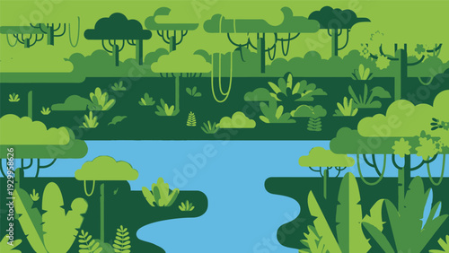 Tropical Forest Landscape with River Illustration.