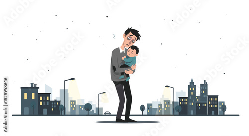 A fatigued father holding a sleeping child stands on a city street at night with glowing streetlights and dark building silhouettes.