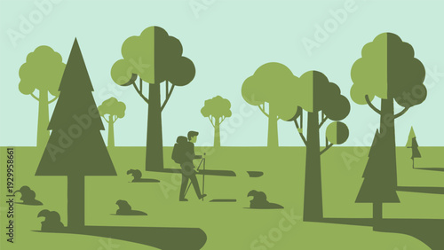 A Man hiking in a park landscape.