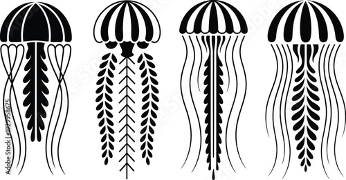 Symmetry jellyfish vector icons featuring striped bells and ornamental trailing filaments for design