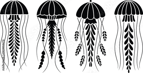 Decorative jellyfish silhouettes set with various tentacle patterns for underwater theme graphic art