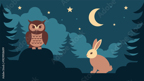 Owl and Rabbit in Night Scene.