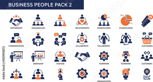 Two-tone solid icons for business organizational structure stakeholder relationships partnership collaboration teamwork and professional corporate communication features