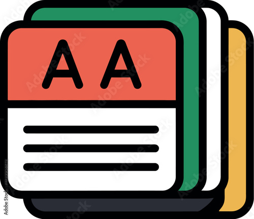 A colorful illustration of stacked notecards with sample text and bold letters on a clean white background