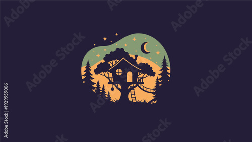 Whimsical Treehouse Illustration with Night Sky.