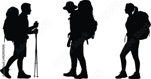 Silhouettes of three hikers with backpacks and walking sticks, ready for an outdoor adventure