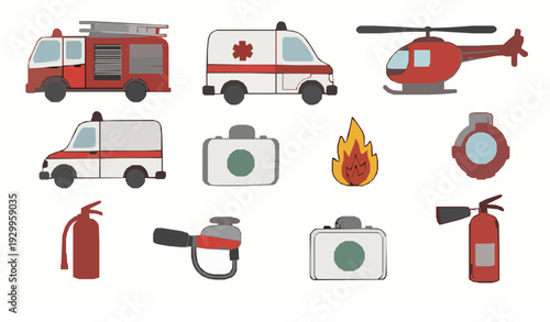 Hand Drawn Emergency and Rescue Vehicles and Equipment Vector Set on White