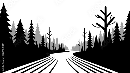 Black Silhouette Trees Forest Roadway Illustration.