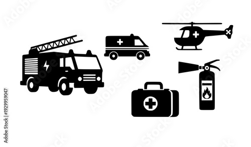 Modern Emergency Services Vector Collection Fire Truck Ambulance and First Aid