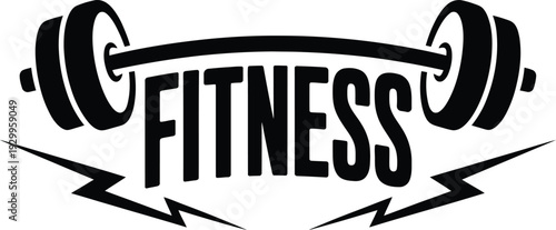 Fitness logo with barbell, text, and lightning bolts, representing strength and dynamic energy