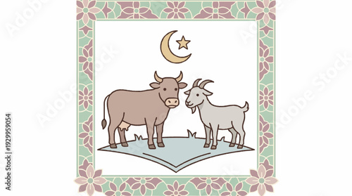 Eid al Adha celebration, simple goat and cow icon, soft earth tone colors, minimal islamic decorative frame