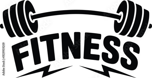 Fitness emblem with barbell and lightning bolts, strong workout and healthy lifestyle concept