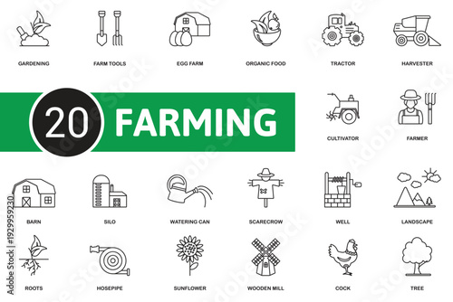 Comprehensive farming brand identity set featuring a colorful tomato plant illustration alongside 40 minimalist line icons of agricultural tools, vehicles, and livestock.
