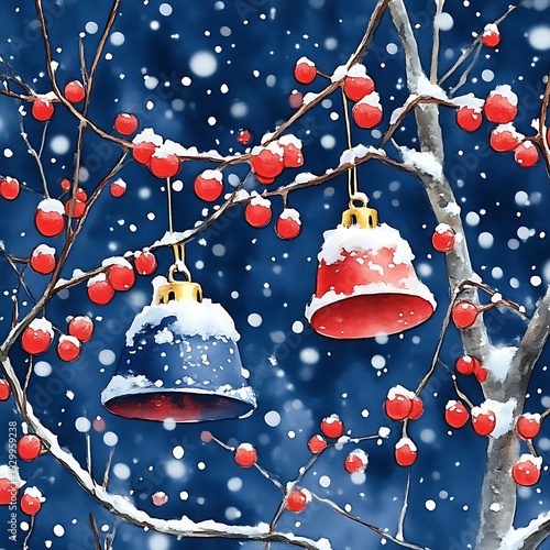 Two red and blue bells hanging from snowy branches laden with berries, in a winter night scene