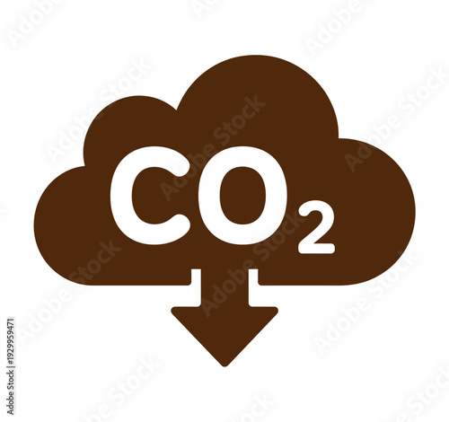 A brown cloud icon with CO2 symbol and downward arrow on a white background representing carbon dioxide reduction