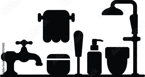 Bathroom objects faucet shower towel soap dispenser lotion container for hygiene and personal care