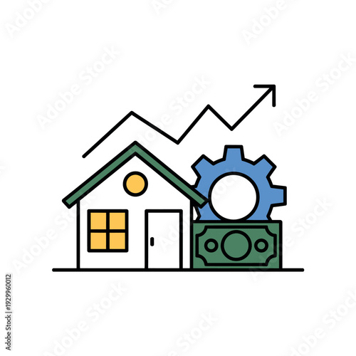 A simple illustration of a house with a gear and money representing financial growth and investment