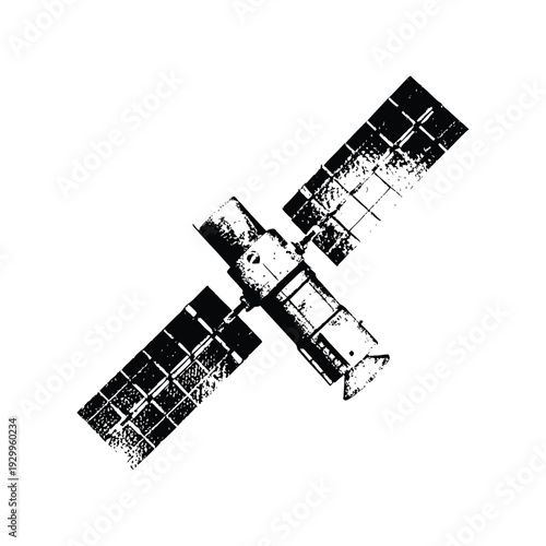 Black and white illustration of hand drawn style space satellite with large solar panels and communication antenna vector art