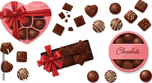 Assorted chocolate collection with gift boxes, truffles, and chocolate bars, sweet dessert concept, luxury confectionery, romantic treat, festive celebration illustration isolated on white ba