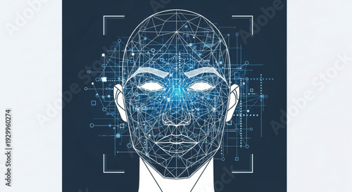 Digital human face with glowing blue circuits and futuristic lines on a dark background representing technology and innovation