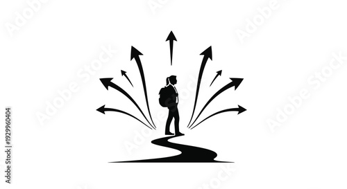man standing at crossroads with multiple arrows