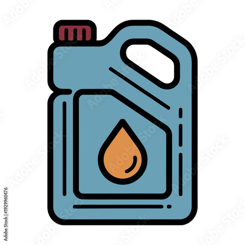 A blue oil can with a handle and a drop of oil on its front against a white background