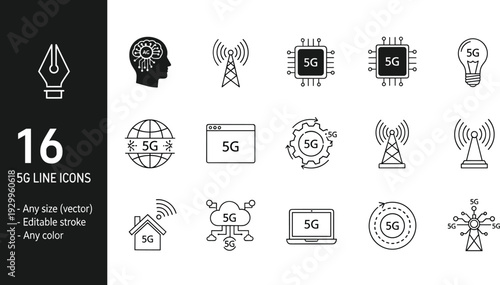 Vector line icons for 5G technology high-speed mobile network infrastructure global connectivity smart home and digital communication services