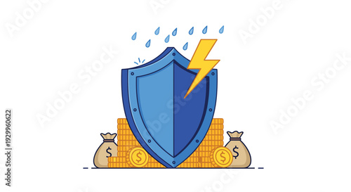 A blue shield protects stacks of gold coins and money bags from falling rain and a yellow lightning bolt strike on a white background.