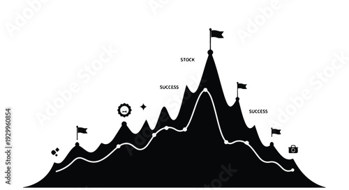 black mountain range silhouette with flags and path