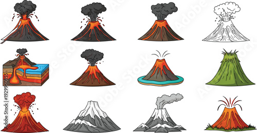 Cartoon volcano set collection with erupting lava, ash clouds, magma flow, cross section diagram, active dormant volcano types, colorful vector illustration isolated on 