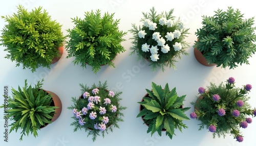 Collection of assorted potted plants viewed from above. Includes green shrubs, white and pink flowers. Simple arrangement for decor, gardening, or nature themes. Clean background.