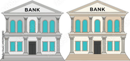Classic bank building facade set with columns and pediment, financial institution architecture illustration, banking concept, economy, investment, security, vector style isolated on white background