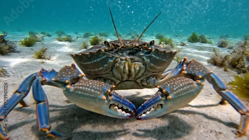 Blue Swimming Crab Underwater on Sandy Seabed.