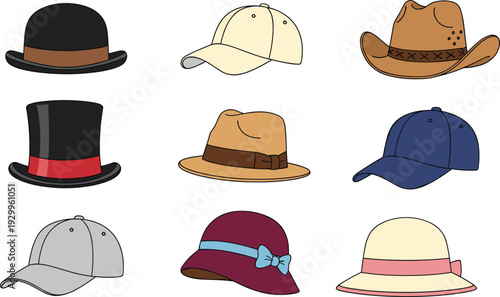 Collection of various hat styles including bowler, baseball caps, cowboy, top hat, fedora, and sun hats isolated flat vector i