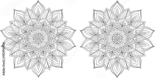 Detailed mandala floral ornament set with symmetrical line art design elements for coloring pages meditation tattoo decoration and intricate geometric artistic illustration collection